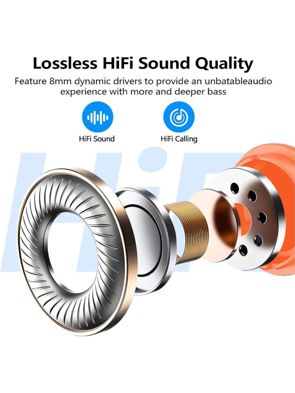Wireless Orange Earbuds Bluetooth 5.3 Deep Bass Sound Built in Mics Clear Calls - Picture 3 of 7